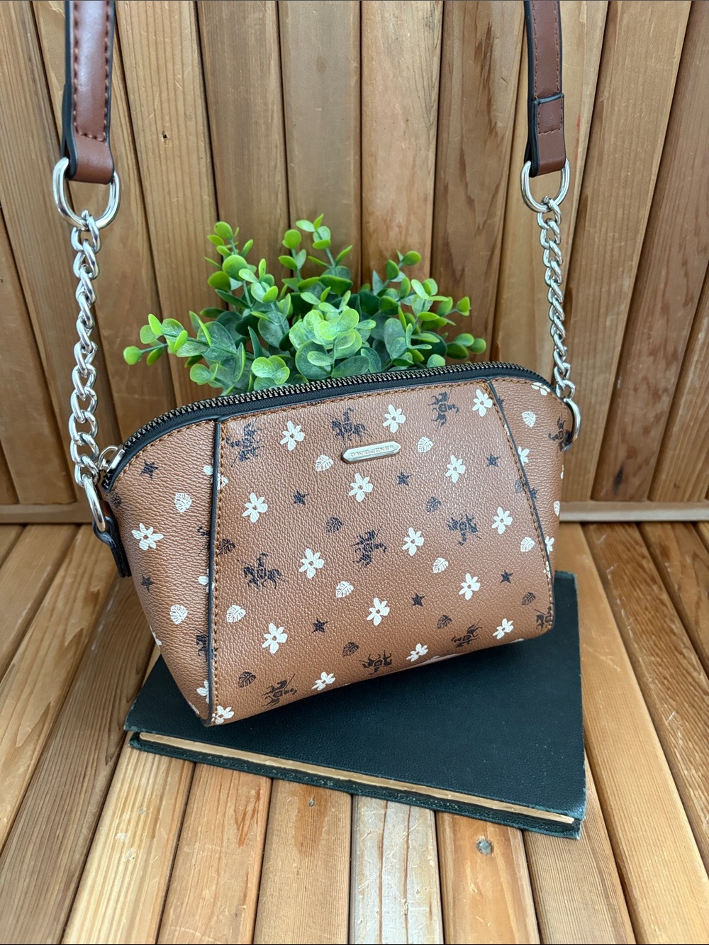 David Jones Paris Brown Floral Crossbody Bag with SilverToned Chain Strap